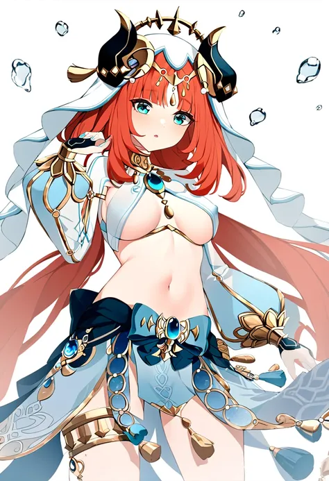 genshin_impact nilou_(genshin_impact) highres 1girl bare_shoulders blue_eyes bracer breasts circlet fake_horns gem hand_on_own_hip harem_outfit horns long_hair long_sleeves medium_breasts navel nipple_slip nipples open_mouth puffy_long_sleeves puffy_sleeve...