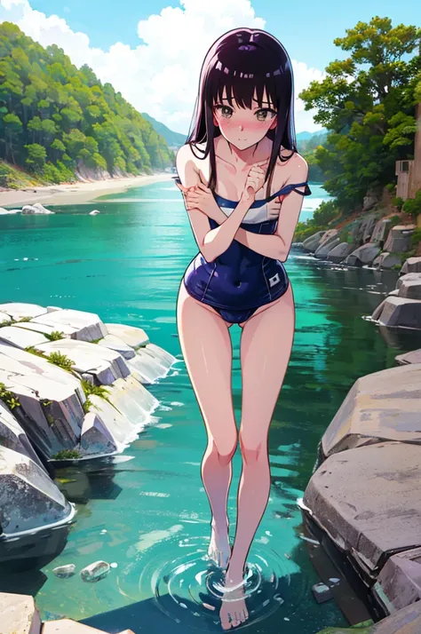 ランダムなポーズ、Random patterned swimsuit、Swimsuit,,Blushing、Pale brown eyes、Dark purple hair、Semi-long hair、Head to toe full body、Blushing、Embarrassed look、Composition from the front、A view from slightly below、school swimwear、Acme Face、Random pose、, 、nsfw、Highes...