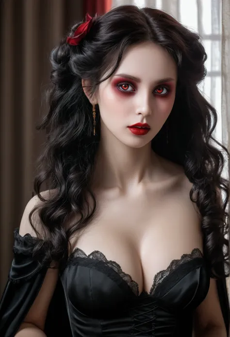 Highest quality, masterpiece, Ultra-high resolution, (Photo Real:1.4), Surrealism, dream-like,Fusion Art,  Shadow magic,Red-eyed black-haired vampire、Russian super beauty、Vampire Woman、、D Cup、Natural Breasts、Natural breasts、Expose、Nipples、Soft 、clear、Saggy...