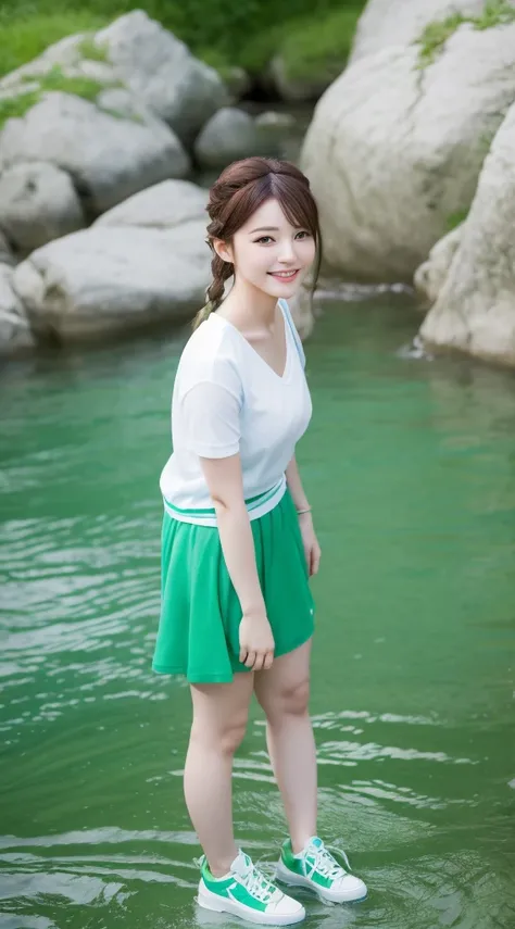 Realistic photos of (1 cute Korean star) blue french braid, thin makeup, slightly smile, 32 inch breasts size, green v-neck t-shirt,short pants, , upper body portrait, UHD, green shoes, background river, standing in rock