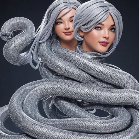 A woman with silver hair with a gray snake wrapped around her and her tongue sticking out