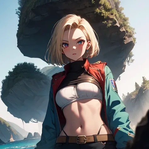 Island of Giants, Mysterious Island, android１８Number, (masterpiece), highest quality, 1girl, uhd, retina, masterpiece, ccurate, anatomically correct, textured skin, super detail, high details, high quality, best quality, highres, 4K