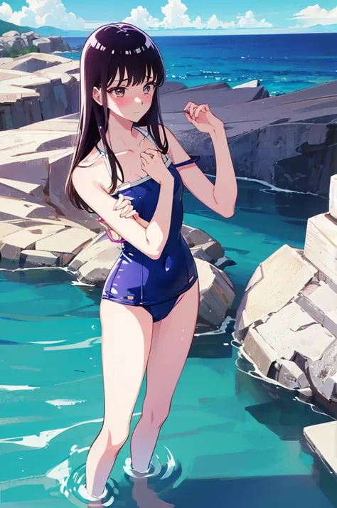 ランダムなポーズ、Random patterned swimsuit、Swimsuit,,Blushing、Pale brown eyes、Dark purple hair、Semi-long hair、Head to toe full body、Blushing、Embarrassed look、Composition from the front、A view from slightly below、school swimwear、Acme Face、Random pose、, 、nsfw、Highes...