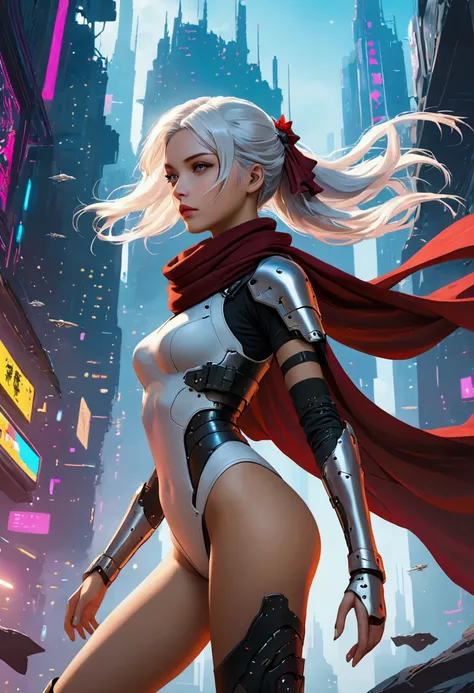 masterpiece, best quality, 4K,  Cyberpunk, Beautiful girl in armor, Flying in the sky,  cape, scarf, Long legs,  Long white hair,Hair accessories, Depth of Field, Blurred background,