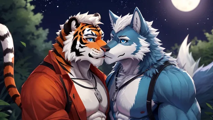 bynamic angle,depth of field, motion blur, absurdres,looking at viewer, (best quality), (masterpiece), (ultra detailed),(detailed eyes),sharp focus,manga Huge body chest 64k masterpiece,High quality,furry,(two man),(A tiger white hair orange kissing a dark...