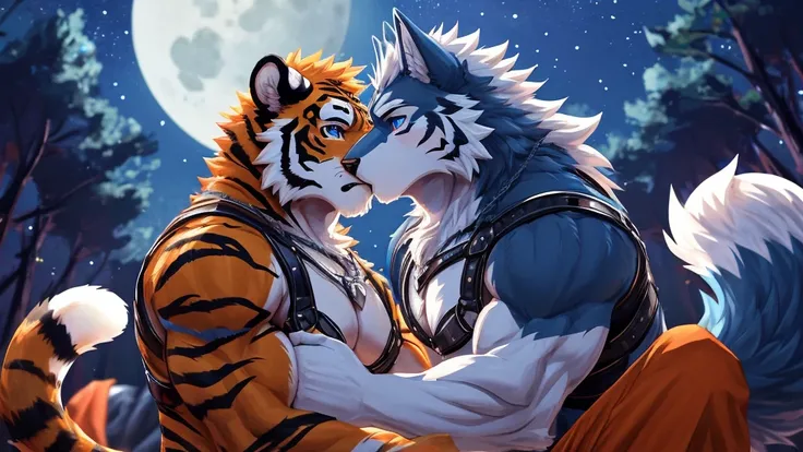 bynamic angle,depth of field, motion blur, absurdres,looking at viewer, (best quality), (masterpiece), (ultra detailed),(detailed eyes),sharp focus,manga Huge body chest 64k masterpiece,High quality,furry,(two man),(A tiger white hair orange kissing a dark...