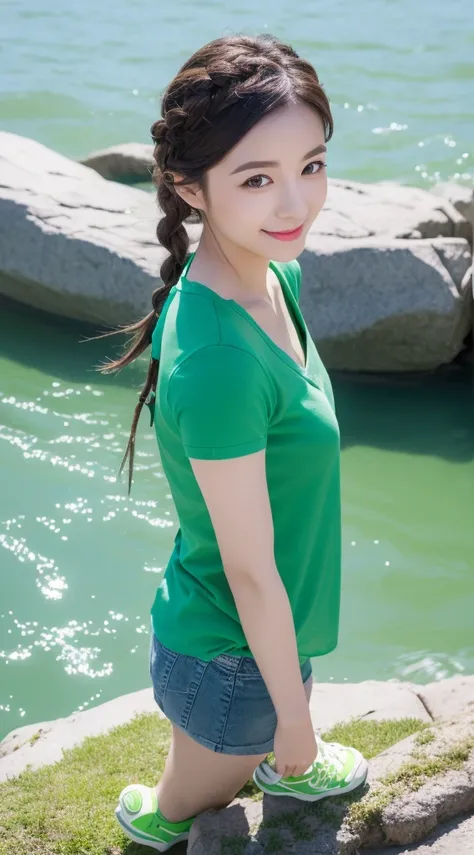 Realistic photos of (1 cute Korean star) blue french braid, thin makeup, slightly smile, 32 inch breasts size, green v-neck t-shirt,short pants, , upper body portrait, UHD, green shoes, background river, standing in rock