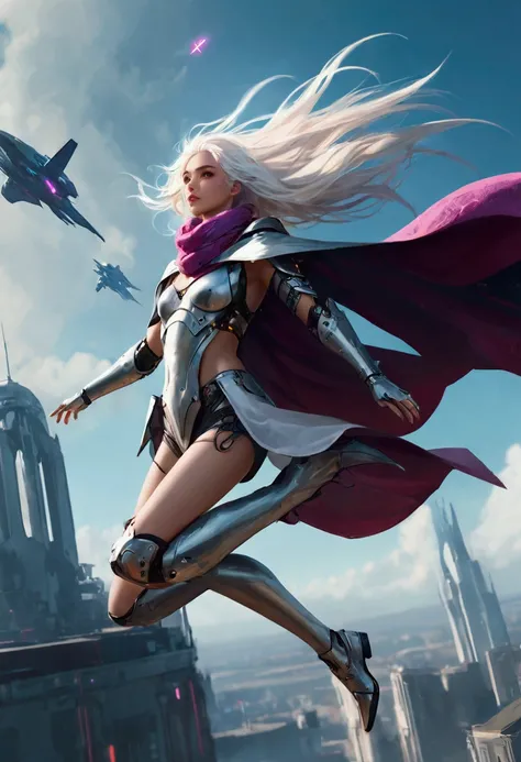 masterpiece, best quality, 4K, Cyberpunk, Beautiful girl in armor, Flying in the sky, cape, scarf, Long legs, Long white hair,Hair accessories, Depth of Field, Blurred background,