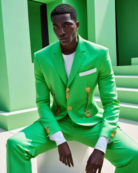 a model wear ovzrsize suit of green color,inside white t-shirt, posing for a picture, Edit pictures, high resolution, Edit photos, Official Versace Editor,wear ovzrsize suit,Balenciaga concept fashion photo ,