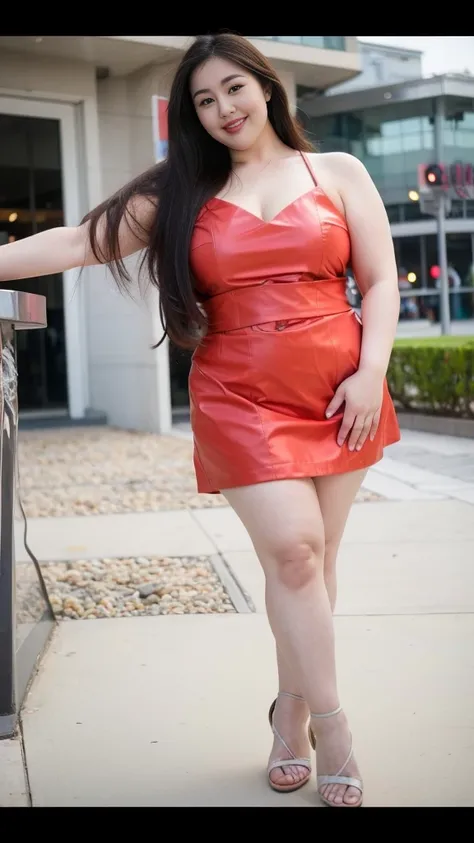 Height 1.8 meters，Smiling fat woman ，Oval face， Sit on a slate，((best quality)), ((masterpiece)), (detailed), , Wearing a beige shirt and black skirt,  Thin waist and thick hips, Hip width， Soft curves, hyperPractical full figure, Wearing a cute top, Long ...