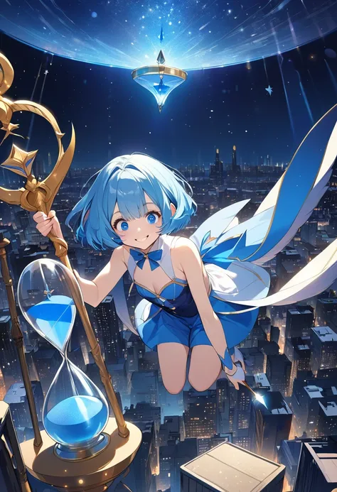 (Top quality illustrations:1.2), (pretty girl:1.1), (1 girl、17 years old), (1 girl、smile、Round eyes)、Bright blue hair、Short Bob Hair、Blue-haired magical girl with a wand、((The tip of the staff is a blue hourglass.))、Flying through the night sky with magic,...