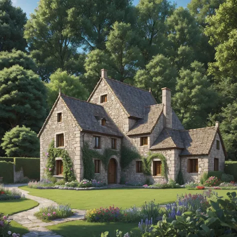 Cartoon medieval stone 
house with 
garden 
