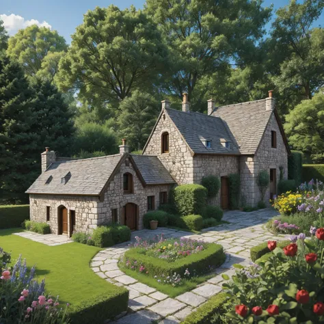 Cartoon medieval stone 
house with 
garden 
