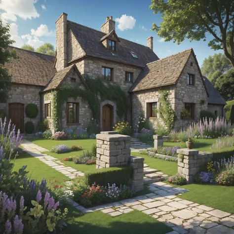 Cartoon medieval stone 
house with 
garden 
