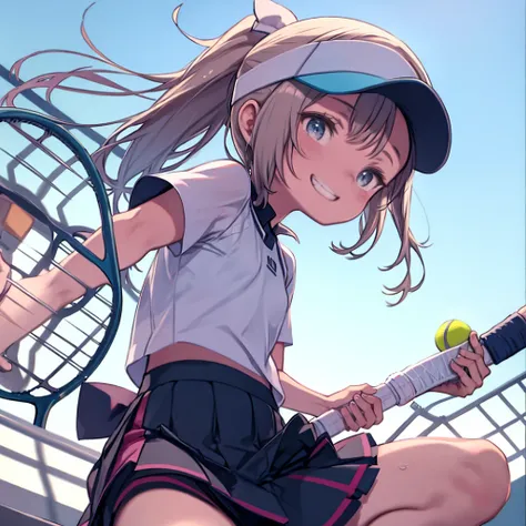 One Girl、Tennis Player、visor、Tennis Wear、ponytail、Sweat、Tennis court、Playing tenniini skirt、Angle from below、Grin