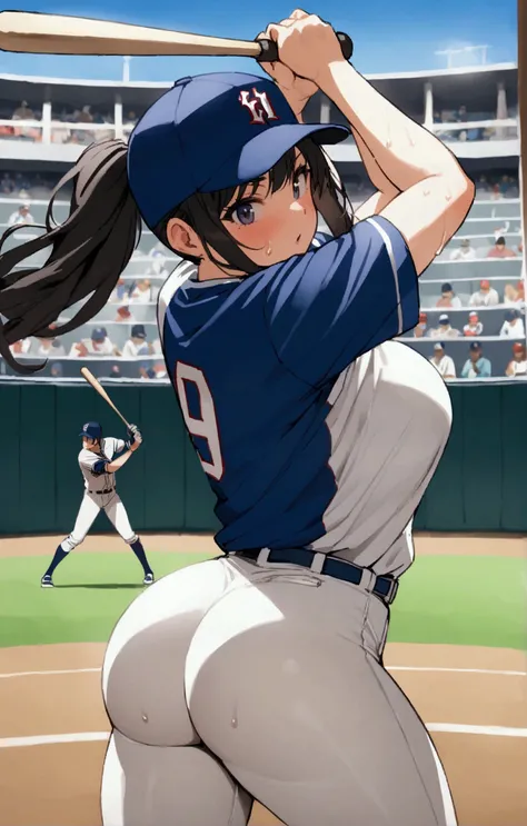 One woman、beautiful girl、high school girl、Baseball uniform、Tight hot pants、Clear panty line、Baseball cap、ponytail、Long Hair、baseball Ground、Batter、Batterボックス、Holding a bat、Baseball Swing、The stands are packed、swinging a bat、Hitting a baseball、Home Run、High...