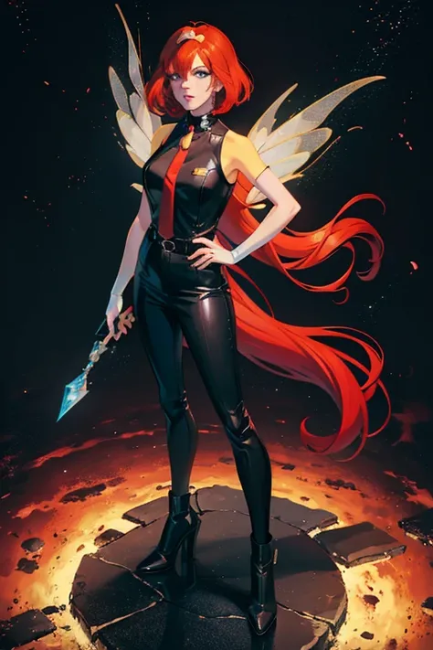 a cartoon girl with red hair, Short hair, black pants and white shirt, full body with costume, full body concept, myrtle, myrtle de winx club, like a real person, single character full body, bad standing, smirking pose, black witch full body pose, characte...