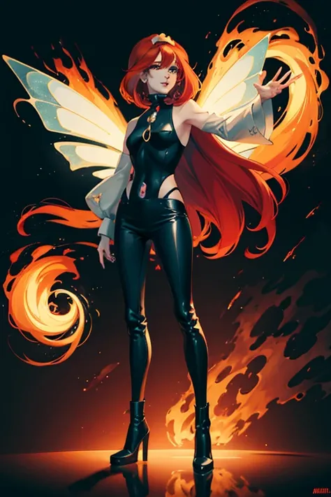 a cartoon girl with red hair, Short hair, black pants and white shirt, full body with costume, full body concept, myrtle, myrtle de winx club, like a real person, single character full body, bad standing, smirking pose, black witch full body pose, characte...