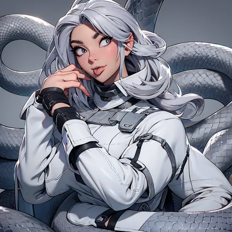 A woman with silver hair with a gray snake wrapped around her and her tongue sticking out