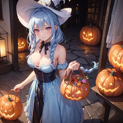 (Light blue medium hair),(Braided hair tied together)、Pink eyes、Fair skin、cowboy shot、Halloween、The background is a pumpkin ghost、Trick or Treat、A lot of sweets、witch、Halloweenナイトパーティー、Candy、Cosplay、A surprising smile、A dignified figure、solo、(masterpiece、H...