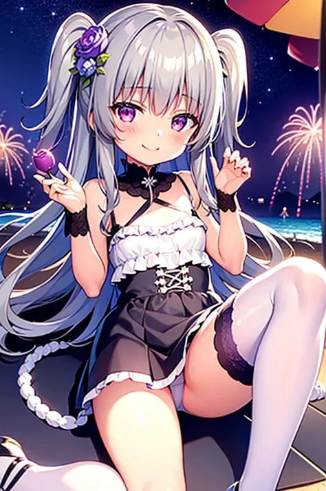 Himari Meimei, masterpiece, Voluptuous thighs, petit body, little young girl, flat chest, {1 Girl}, Cute and erotic smile, Highly detailed sparkling purple eyes, summer night, fireworks,  困り眉, open legs, legs up, brilliant silver grey hair, lying on beach ...