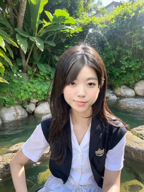 (Highest quality,masterpiece:1.3,Ultra-high resolution),(Very detailed,Caustics,8k),(Realistic:1.4,RAW shooting),(Smiling girls splashing water on each other),Japanese,18-year-old,cute,Black Short Hair,(big ),School Short Sleeve Uniform,Clear and beautiful...