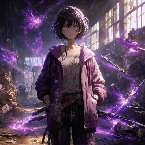 a lady Wearing a very unique casual styled outfit, purple shadows hollow surrounding her, her expression is mostly blank and neutral, with eyes slightly open and a straight mouth, weapons that are made out of purple shadow swirling in the air, more weapons...