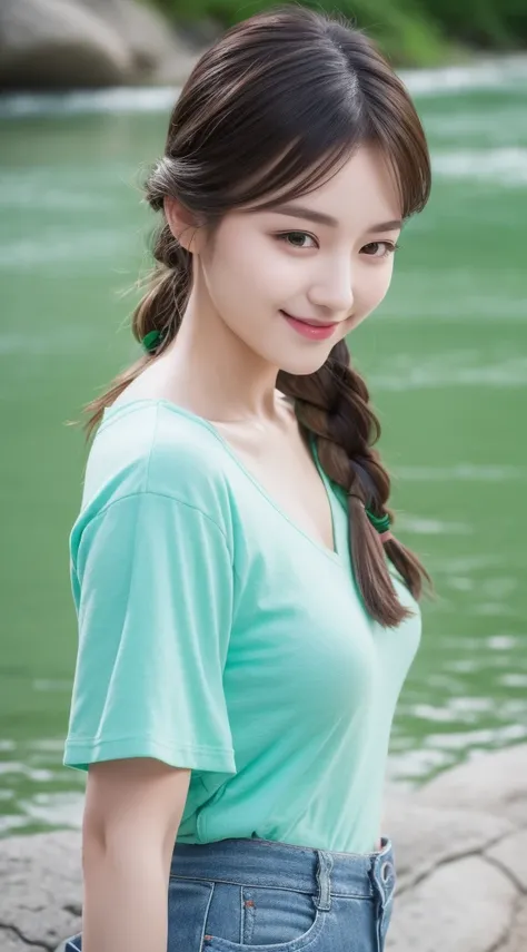 Realistic photos of (1 cute Korean star) blue french braid, thin makeup, slightly smile, 32 inch breasts size, green v-neck t-shirt,short pants, , upper body portrait, UHD, green shoes, background river, standing in rock