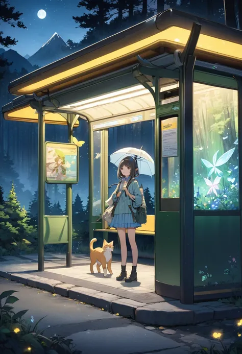 Very detailed、whole body、A girl holding an umbrella next to a cat-like mountain fairy at a bus stop in the forest at night