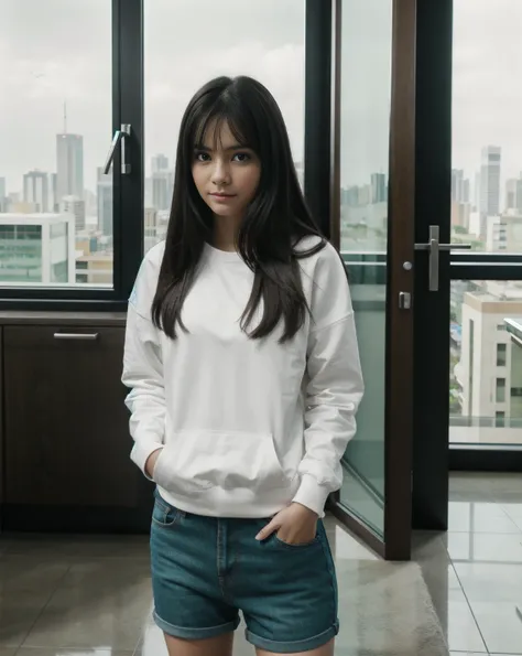 A beautiful young brazilian girl, (extremely pale skin:1) with black straight hair. wearing a black short with a red sweatshirt. standing, in a large room, window overlooking the terrace showing the modern city, photo from the knees, 4k, high quality,