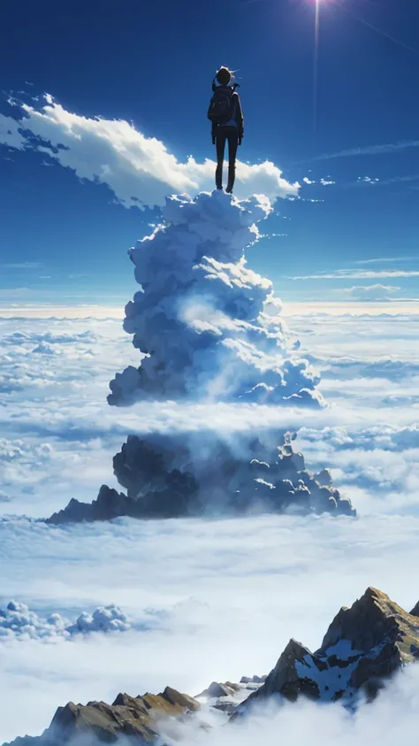 A girl standing on a mountain going above clouds, wearing a , with a blue sky and clouds background. The girl is facing away from the viewer. The image should be very detailed, with a resolution of 8k and high resolution.