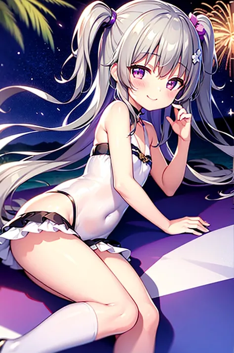 Himari Meimei, masterpiece, Voluptuous thighs, petit body, little young girl, flat chest, {1 Girl}, Cute and erotic smile, Highly detailed sparkling purple eyes, summer night, fireworks,  困り眉, open legs, legs up, brilliant silver grey hair, lying on beach ...