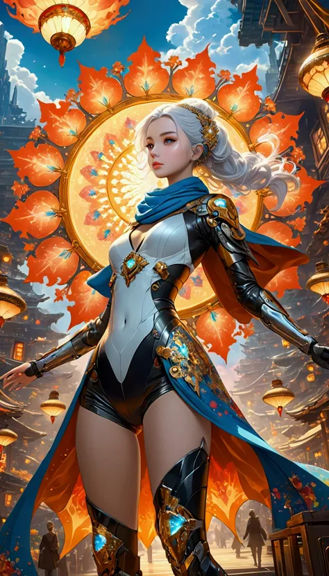 Cyberpunk style, Beautiful girl in armor, Flying in the sky, cape, scarf, Long legs, Long white hair,Hair accessories, electricity，flame，ice，gem，cloud, Metal Material，Wood texture, Depth of Field, Blurred background,(Exquisite craftsmanship, Fine details, ...