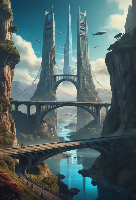 There is a very tall building、There is a bridge over it, Sci-Fi Fantasy Wallpapers, Valley of the Future, Impressive and fantastic landscape, Epic fantasy sci-fi illustration, mystical sci-fi concept art, sci-fiish landscape, Symmetrical epic fantasy art, ...