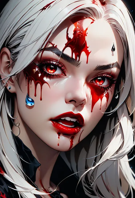 a portrait of vampire with a bloody tear coming down from he eye, an exotic beautiful female vampire, dynamic hair color, dynamic hair style, ultra detailed face, best detailed face, dynamic eye color, ((1single red teardrop, teardrop made of blood coming ...