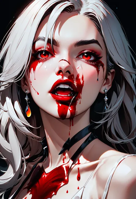 a portrait of vampire with a bloody tear coming down from he eye, an exotic beautiful female vampire, dynamic hair color, dynamic hair style, ultra detailed face, best detailed face, dynamic eye color, ((1single red teardrop, teardrop made of blood coming ...