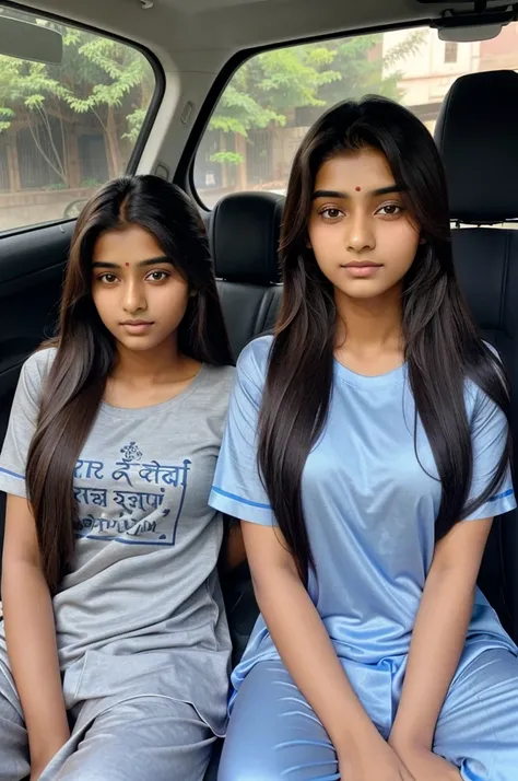 20 year old Indian girl (having long hair and wearing kurta pajama), and 18 year old Indian boy ( wearing tshirt) both are seated on back seat of car.