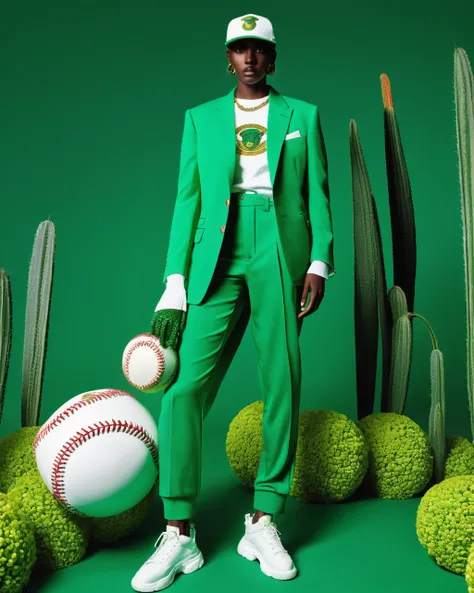 a model wear ovzrsize suit of green color,inside white t-shirt, posing for a picture, baseball hat,Edit pictures, high resolution, Edit photos, Official Versace Editor,wear ovzrsize suit,Balenciaga concept fashion photo ,