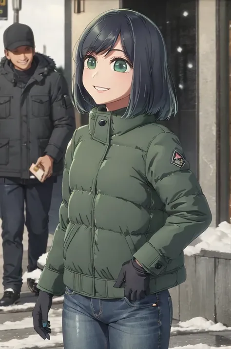 girl, jeans, dark green puffer jacket, black gloves, street, smile, snow