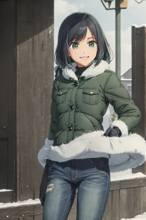 girl, jeans, dark green puffer jacket, black gloves, street, smile, snow