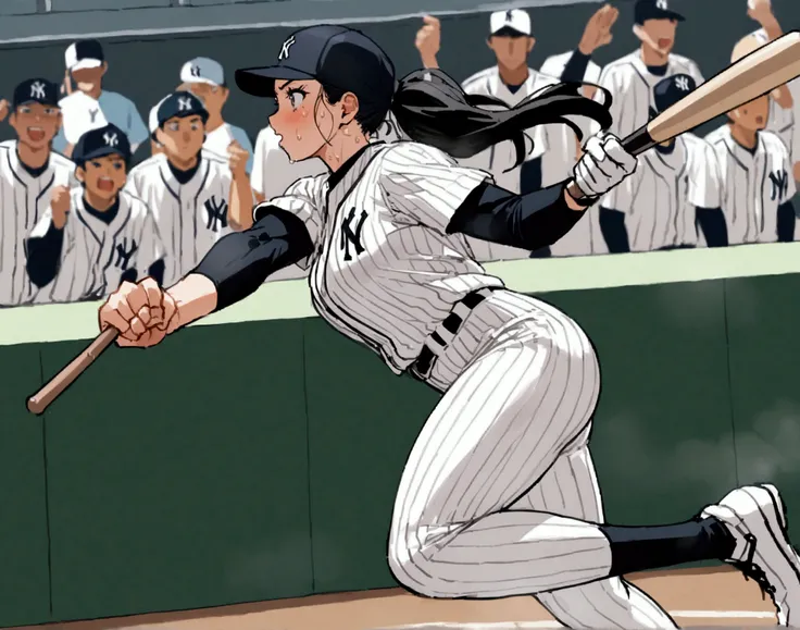 One woman、beautiful girl、high school girl、Baseball uniform、Yankees uniforms、Tight hot pants、Clear panty line、Baseball cap、ponytail、Long Hair、baseball Ground、Batter、Batterボックス、Holding a bat、Baseball Swing、The stands are packed、swinging a bat、Hitting a baseb...