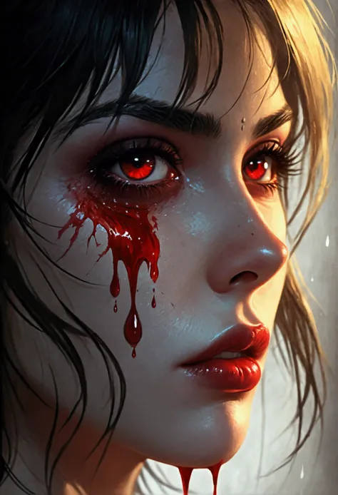 a portrait of vampire with a bloody tear coming down from he eye, an exotic beautiful female vampire, dynamic hair color, dynamic hair style, ultra detailed face, best detailed face, dynamic eye color, ((1single red teardrop, teardrop made of blood coming ...