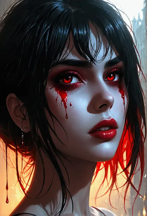 a portrait of vampire with a bloody tear coming down from he eye, an exotic beautiful female vampire, dynamic hair color, dynamic hair style, ultra detailed face, best detailed face, dynamic eye color, ((1single red teardrop, teardrop made of blood coming ...