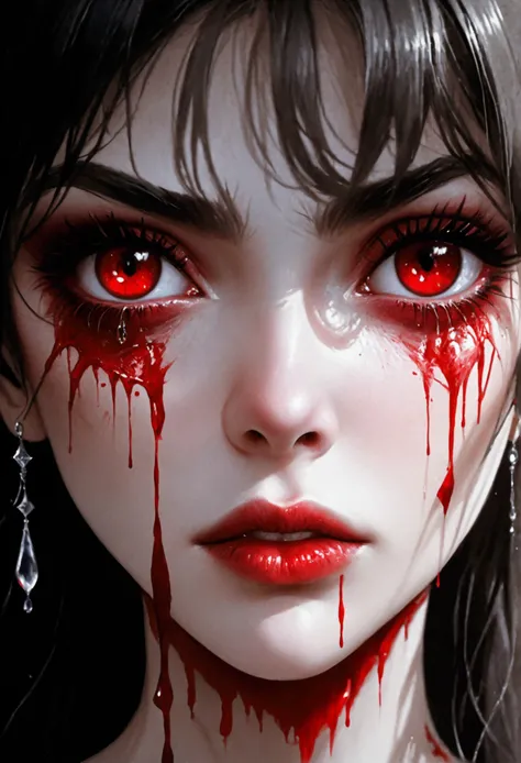 a portrait of vampire with a bloody tear coming down from he eye, an exotic beautiful female vampire, dynamic hair color, dynamic hair style, ultra detailed face, best detailed face, dynamic eye color, ((1single red teardrop, teardrop made of blood coming ...