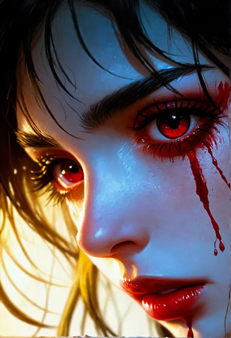 a portrait of vampire with a bloody tear coming down from he eye, an exotic beautiful female vampire, dynamic hair color, dynamic hair style, ultra detailed face, best detailed face, dynamic eye color, ((1single red teardrop, teardrop made of blood coming ...