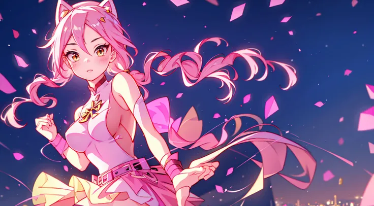 An anime girl with cat ears. Fake cat ears, and the cat ears are framed in gold on the head, long pink hair, very long hair, bright pink hair, white miniskirt with gold belt, She wears white gloves on her hands, pinker BH pinker Tanger, around the neck a g...