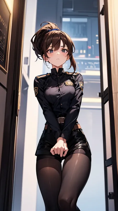 {{masterpiece}}, {{{best quality}}},{{ultra-detailed}}, {{illustration}},{{tall stature}},{{adult women}},((Black tights and shorts)),Small breasts,Slender,{{Hands on hips}},((Leggings with integrated shorts)), Female police officer on guard　Cowboy Shot　　　...