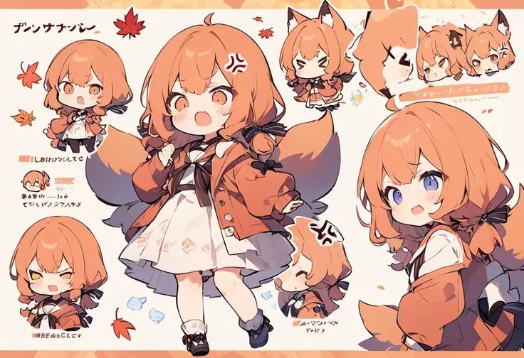 Anime, two heads, cute fox girl, autumn, multiple poses and expressions, different angles, character sheet, fashionable clothes, illustration, white background,　joy, anger, sadness