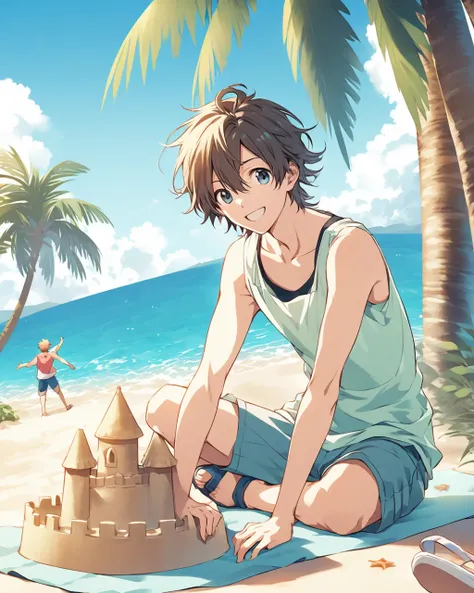 Create a degital anime illustration of a young man with tousled, short hair and a casual summer outfit, including a tank top, shorts, and flip-flops. He is sitting on a beach towel, building a sandcastle, with a joyful and carefree expression. Use a bright...