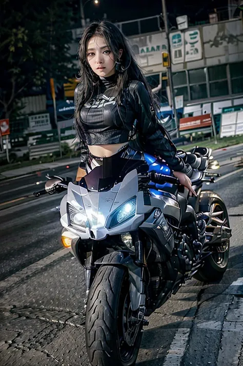 Mujer hermosa, cuerpo perfecto, montada en una motocicleta, ropa sexy, black hair, high quality Social realism, depth of field, cinematic lighting, image fill, Wide-Angle, Nikon, 8k, super detail, textured skin, super detail, high quality, highres